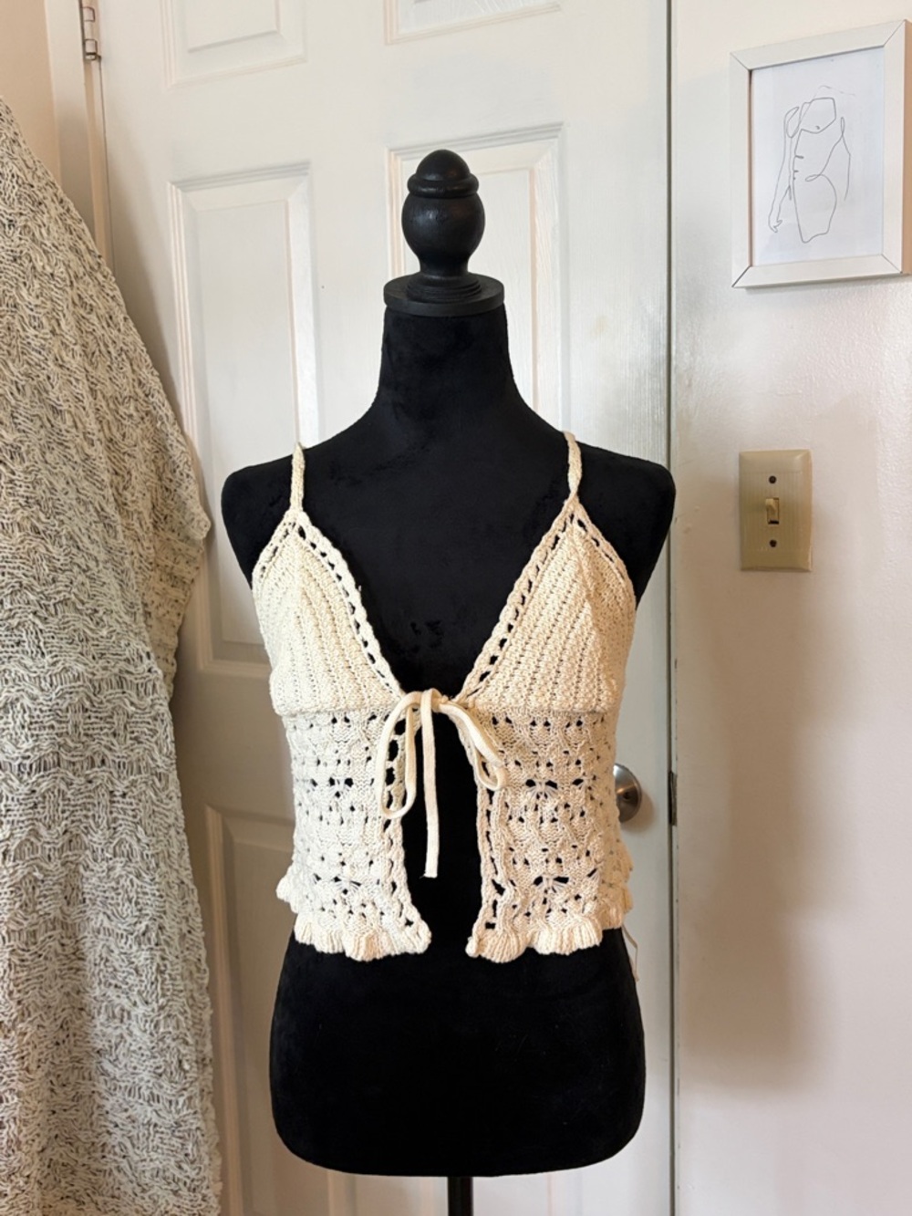 Crocheted Tie-Front Cream Crop Top